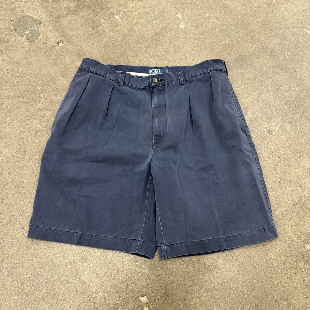 Vintage Polo Ralph Lauren Tyler Shorts 36 Navy Chino Pleated 90s Preppy Golf